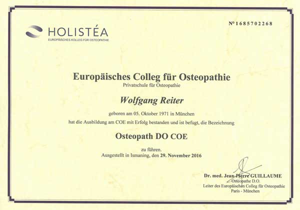 Bayern, München, München Ost, Haidhausen, Osteopathie: COE Urkunde