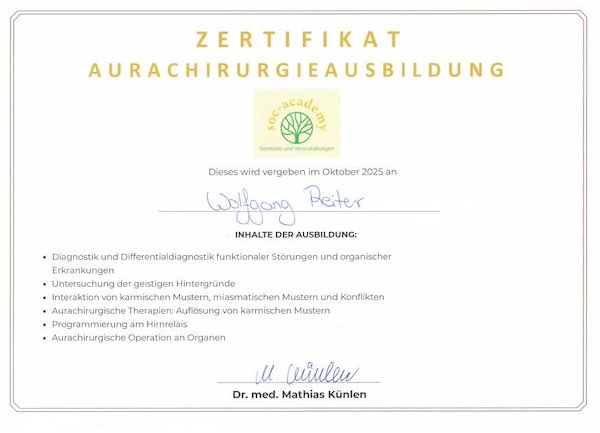 Bayern, München, München Ost, Haidhausen, Aurachirurgie: Zertifikat; Ausbildung bei: Dr. med. Mathias Künlen (Aurachirurgie);